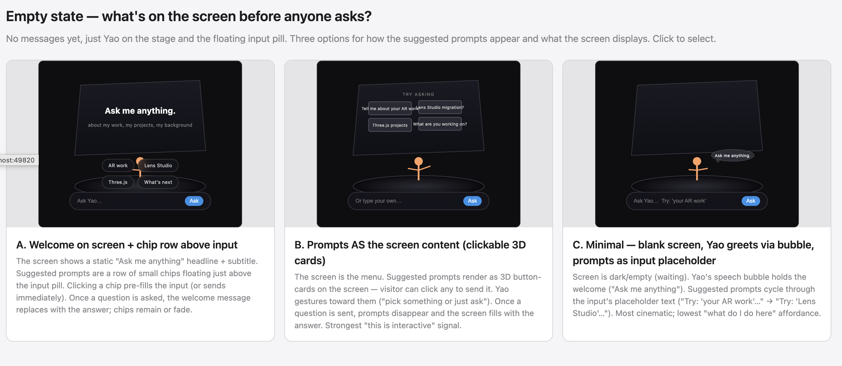 Three empty state options: A welcome chip row above the input, B prompts rendered as 3D cards on screen, C minimal blank with prompts cycling in the input placeholder