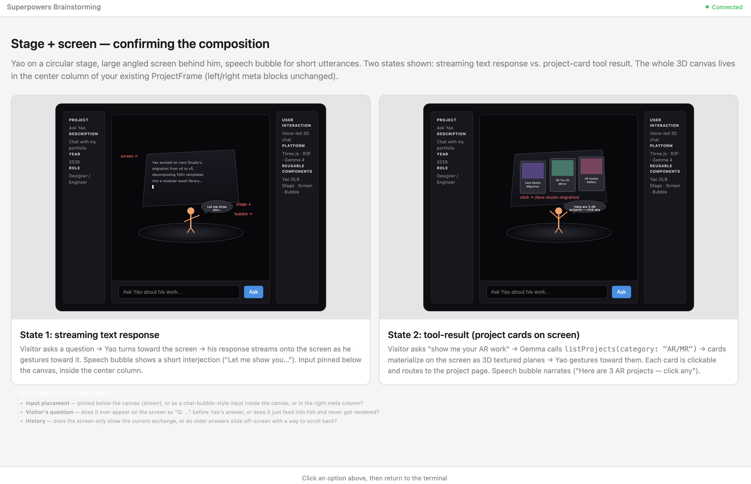 Stage + screen composition mockup: streaming text response on the left, project card tool result on the right