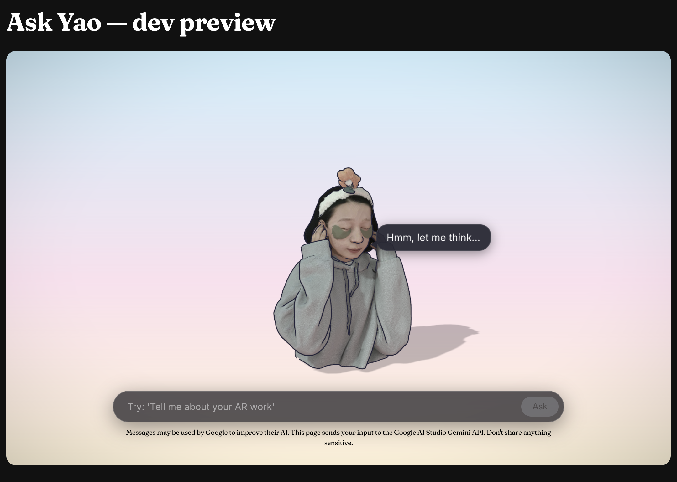 Final design: head and shoulders bust against a pastel sunrise gradient, with a glassmorphic input pill at the bottom and a speech bubble next to the head