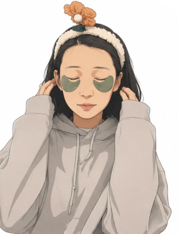 Image-gen iteration — softer hoodie + headband look, single bust on a saturated background