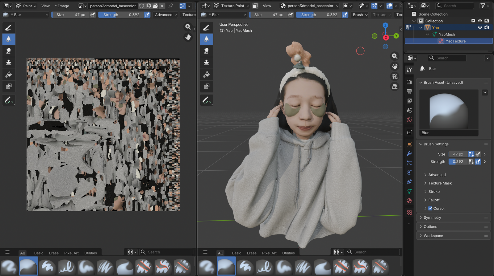 Blender screenshot: texture paint view of the bust on the left, the rigged 3D viewport on the right showing the head and shoulders model in a hoodie and headband — generated with Tripo AI 3D, refined in Blender
