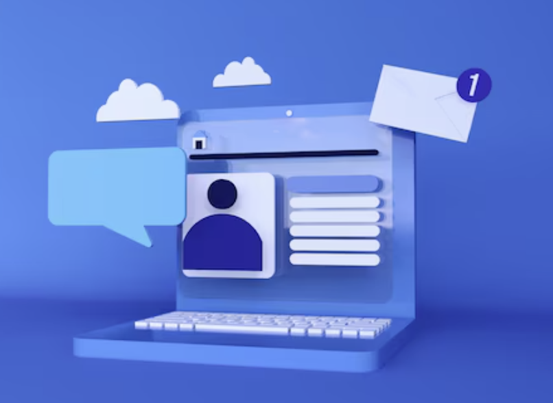3D chat reference — blue toned 3D scene with a speech bubble, a profile card, and an envelope notification floating around a laptop