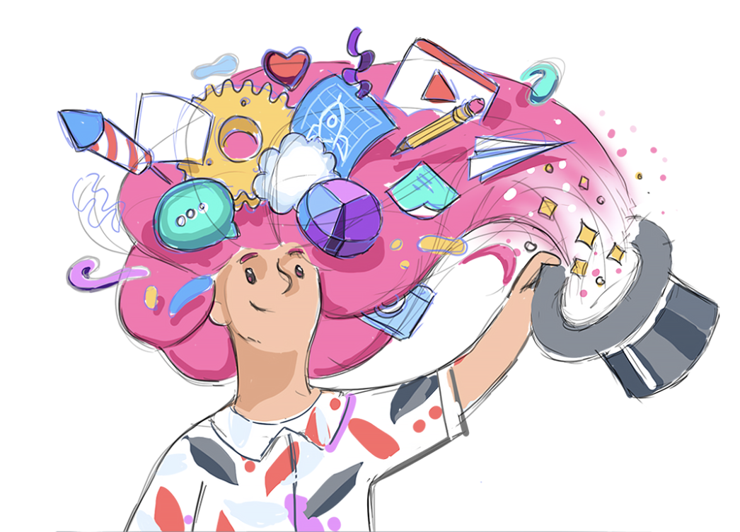 Illustration reference — character with creative tools and cards spilling out of the back of her head, color saturated