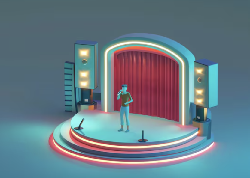 Theatrical stage reference — tiered platform with neon rim lighting, speakers, curtained proscenium